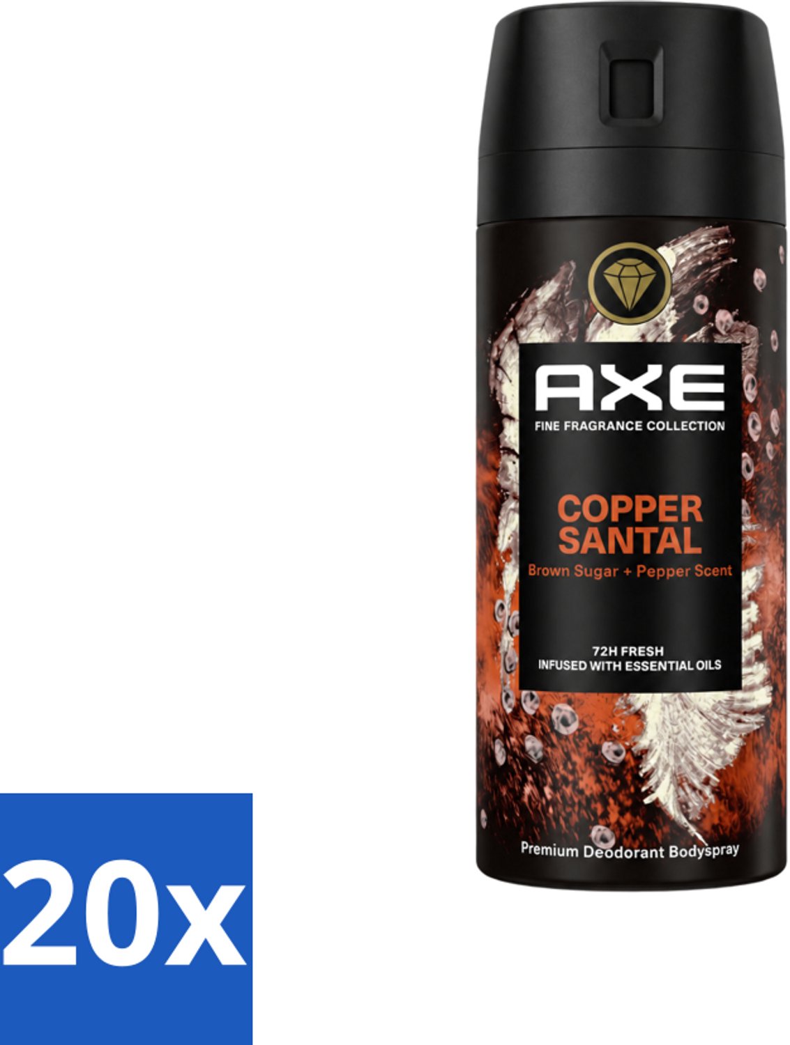 20 x AXE - Deodorant Spray - Copper Santal - Premium Geur - Warme Houtnoten - 150 m - Voordeelverpakking - 20 stuks