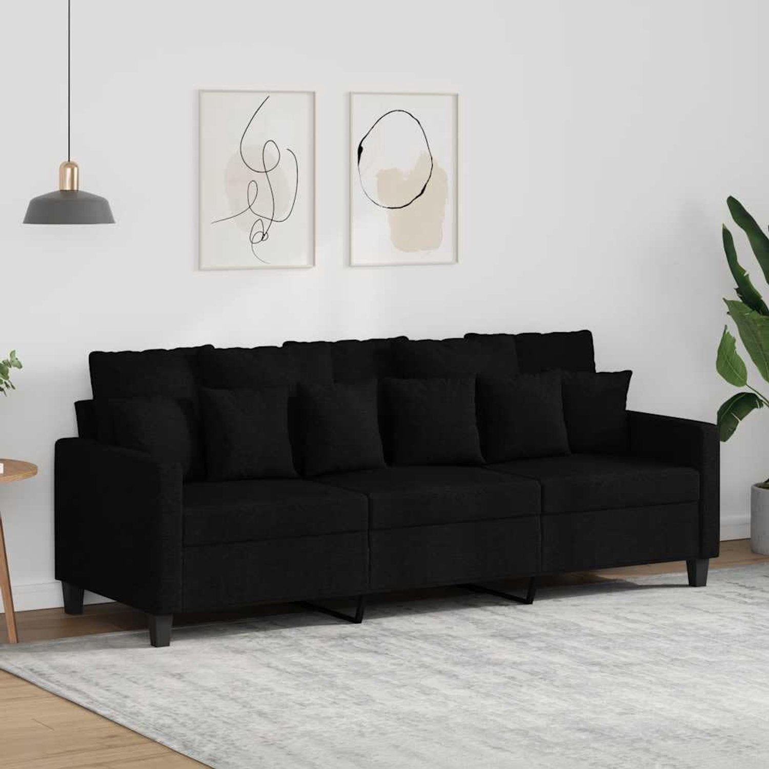 3-zitsbank, zwart, 180 cm, stoffen zitmeubel, slaapbank met duurzame bekleding en robuust metalen frame, voor de woonkamer