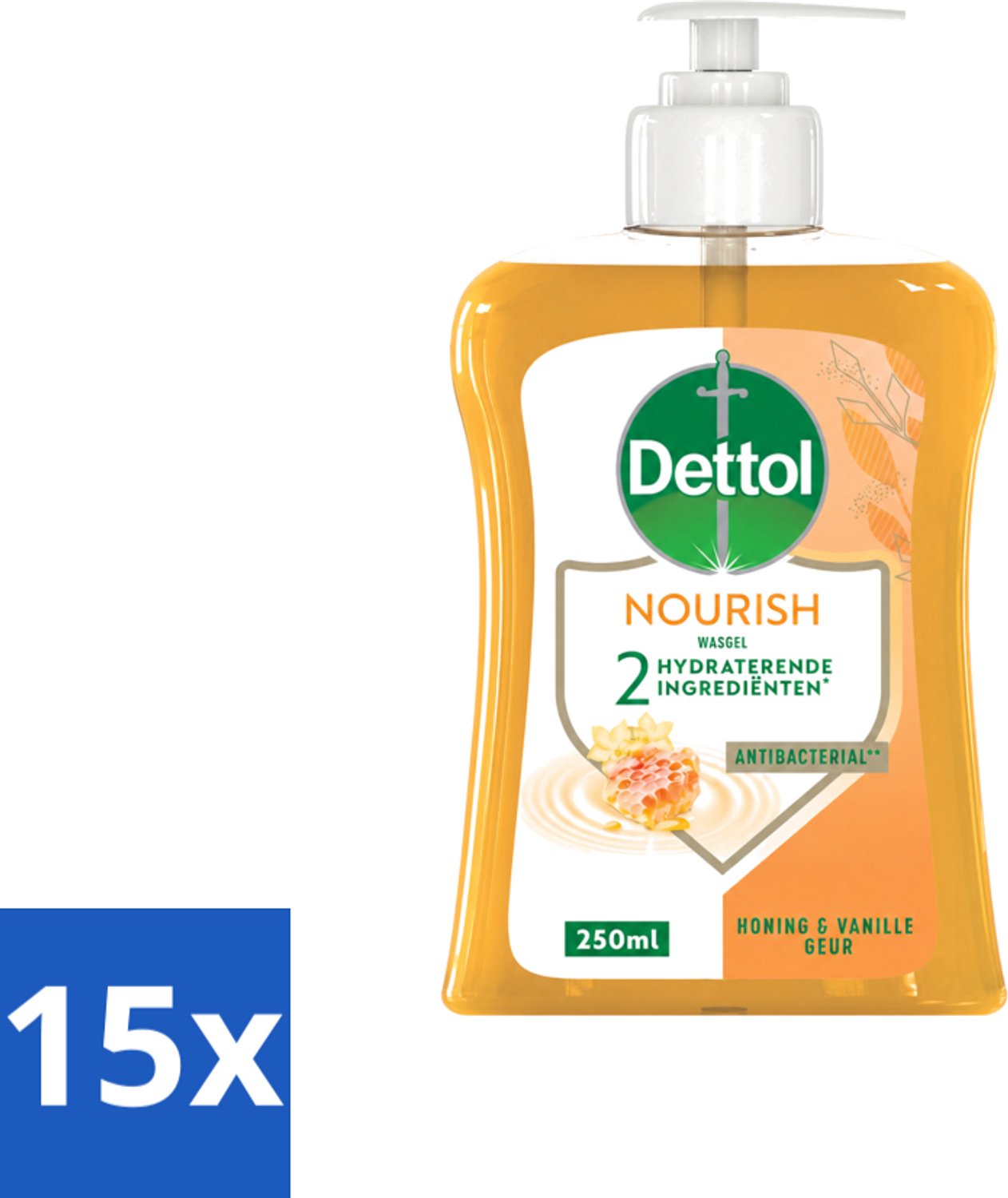15 x Dettol - Handzeep - Nourish - Honing & Vanille - 250 ml - Voordeelverpakking - 15 stuks