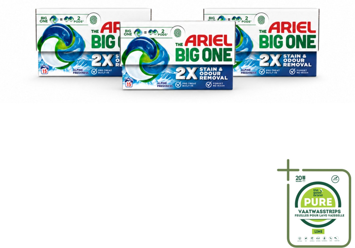 3 x Ariel - 3in1 Wasmiddel Pods - The Big One - Alpine - 15 Pods - Grootverpakking - Vaatwasstrips - Wasmiddel - Wasmiddelpod - Reinigingskracht - Vlekverwijdering - Alpine Geur