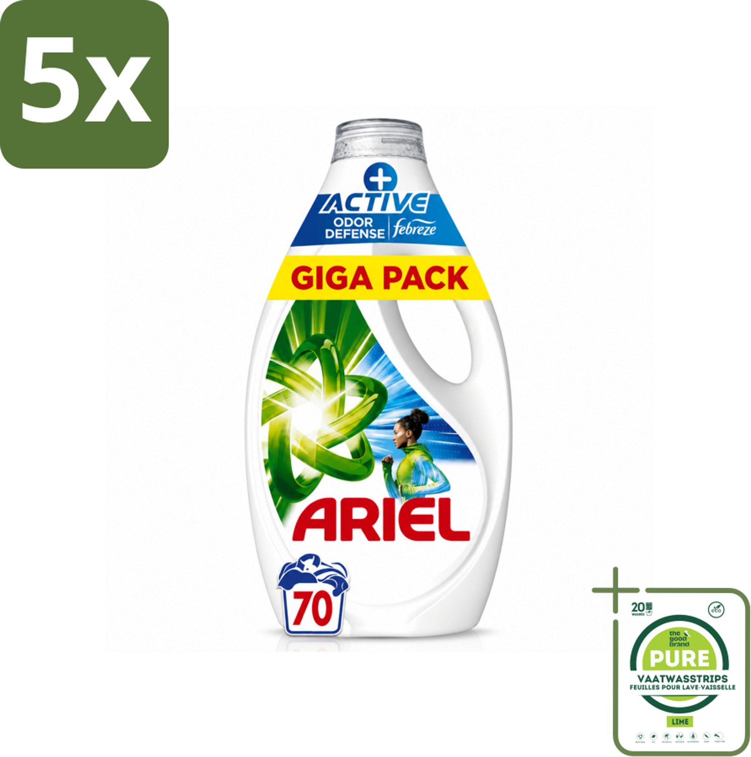 5 x Ariel - Vloeibaar Wasmiddel - +Actieve Odor Defense - 70 Wasbeurten - 3,15 liter - Grootverpakking - Vaatwasstrips - Vloeibaar Wasmiddel - Geurbestrijding - Zweetgeuren - Koud Water - Vlekken Verwijderen
