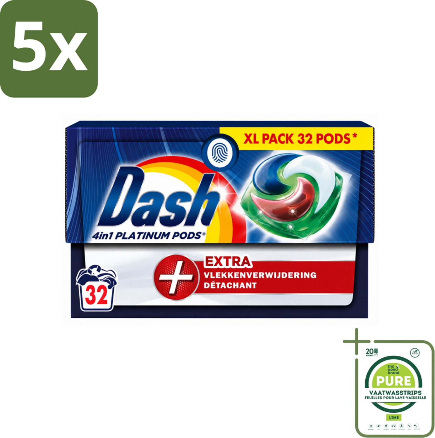 5 x Dash - 4in1 Pods +Extra Vlekkenverwijderaar - Wasmiddelcapsules - Intensieve Reiniging - 32 Wasbeurten - Grootverpakking - Vaatwasstrips - Wasmiddel - Wasbeurt - Vlekkenverwijderaar - Waskracht - Kleurverzorging