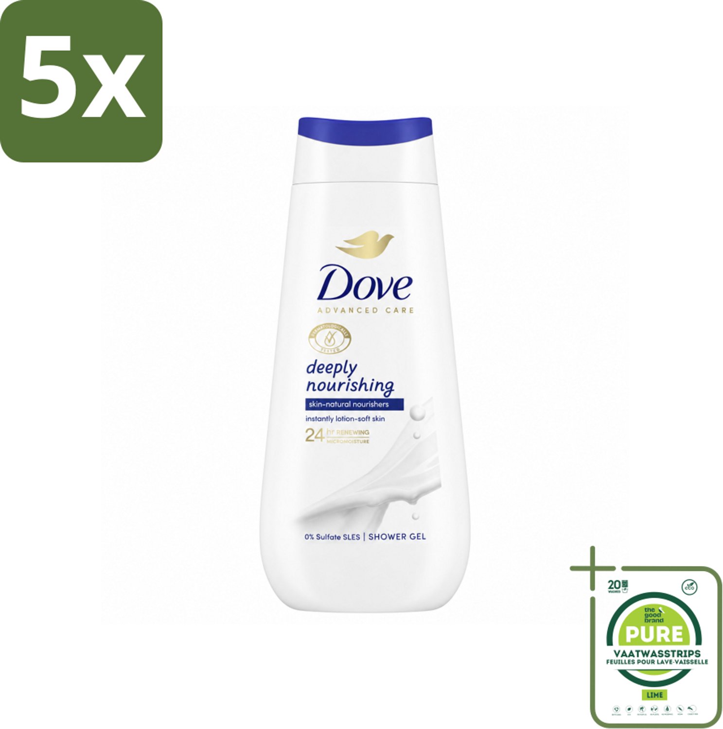 5 x Dove Douchecrème - Deeply Nourishing - 225 ml - Grootverpakking - Vaatwasstrips - Douchegel - Voeding - Hydratatie - Droge Huid - Milieuvriendelijk