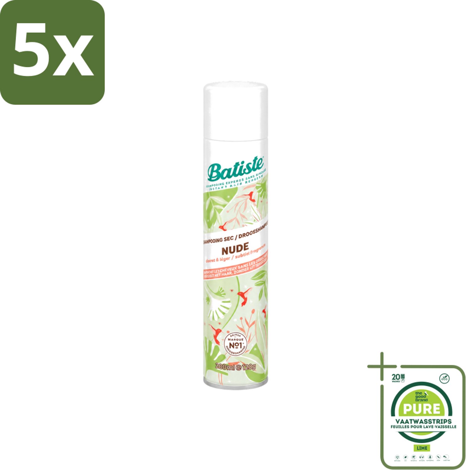 5 x Batiste - Nude - Droogshampoo - Frisse Look - Volume en Textuur - 200ml - Grootverpakking - Vaatwasstrips - Droogshampoo - Fris Haar - Natuurlijk Haar - Schone Haardos - Haarkleur