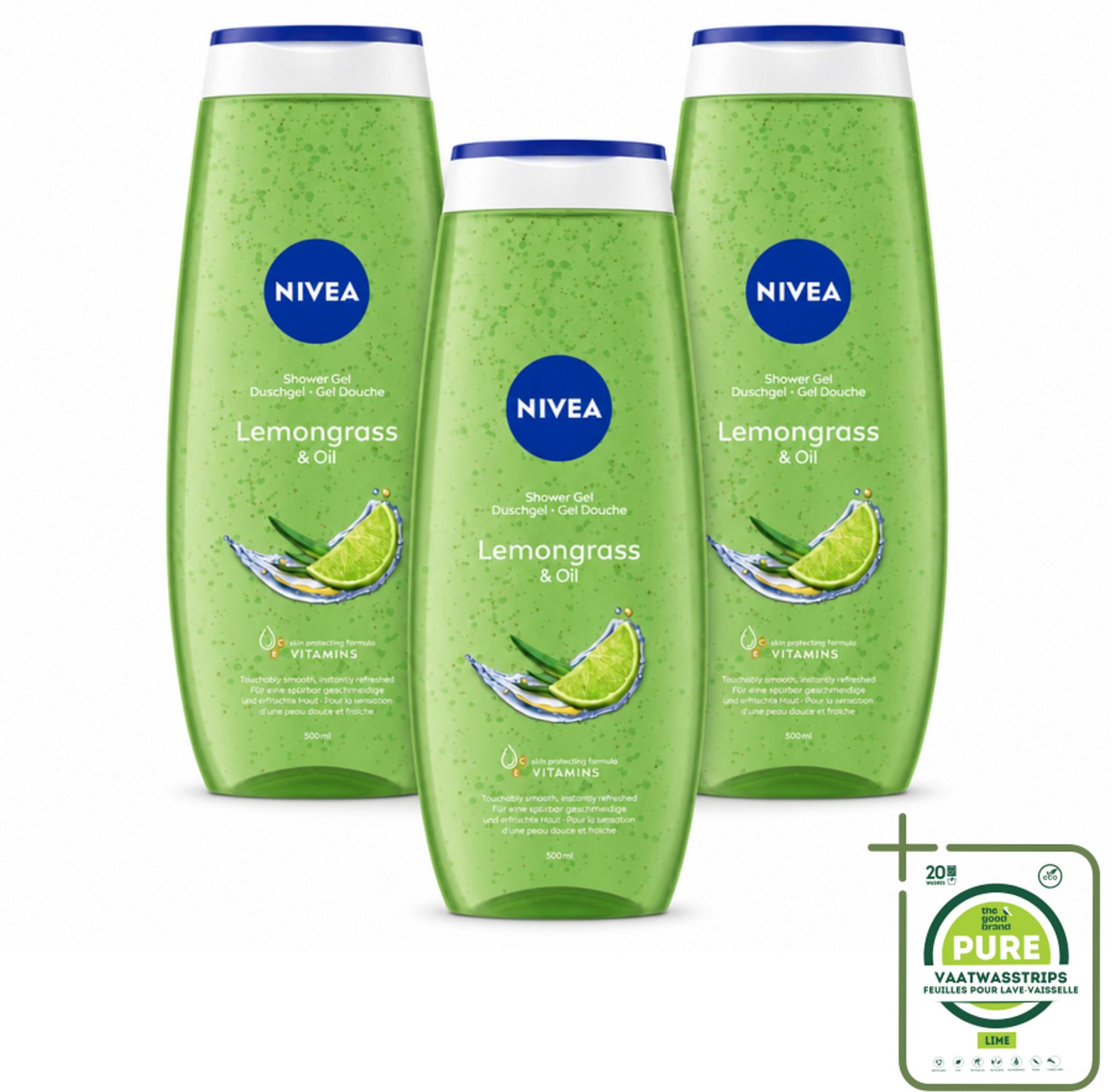 3 x NIVEA - Douchegel - Citroengras & Olieverzorging - Glad & Verfrissend Huidgevoel - 500 ml - Grootverpakking - Vaatwasstrips - Douchegel - Natuurlijke Oliën - Citroengras - Huid Verzorging - Frisse Geur