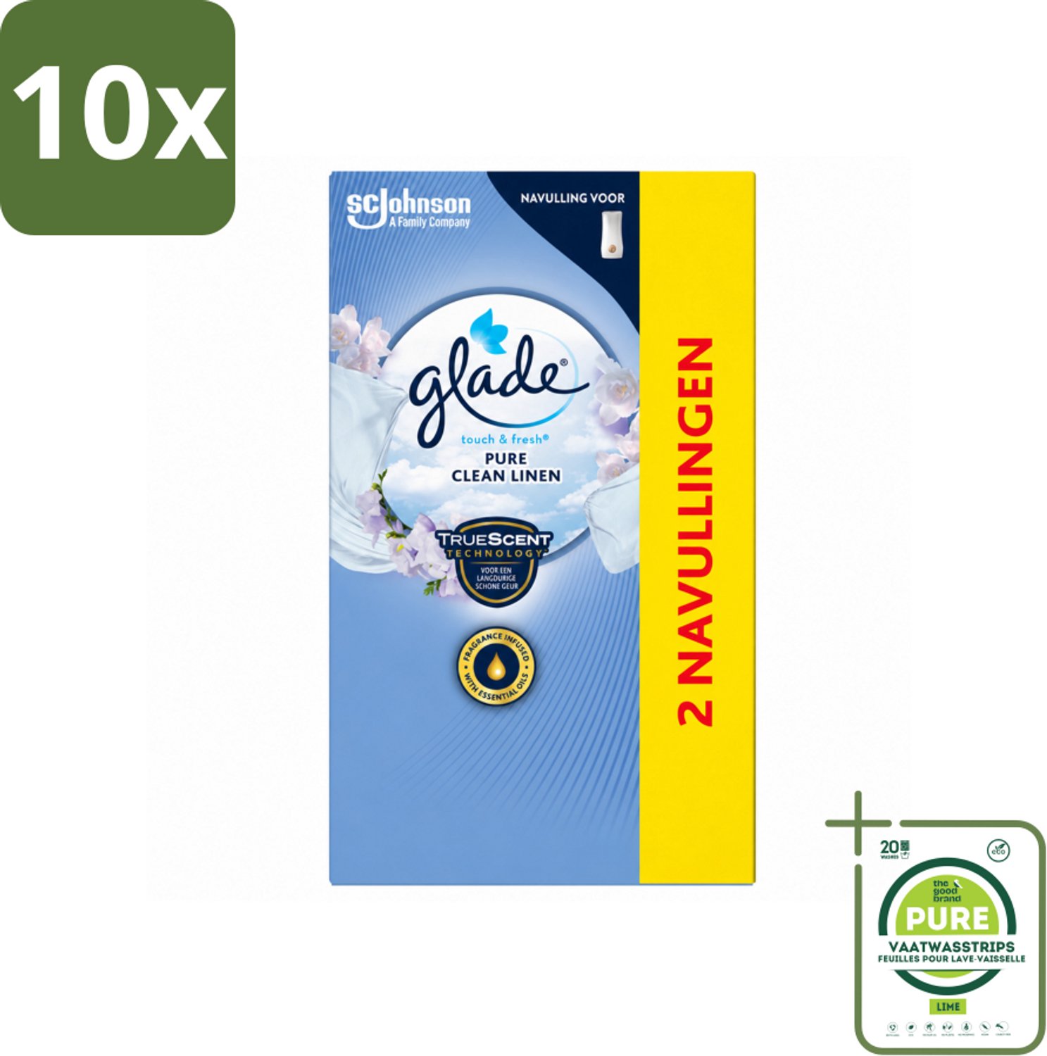 10 x Glade - Touch & Fresh Navulling - Pure Clean Linen - 2 × 10 ml - Grootverpakking - Vaatwasstrips - Navulling - Geur - Frisheid - Linen - Bloemige Geur