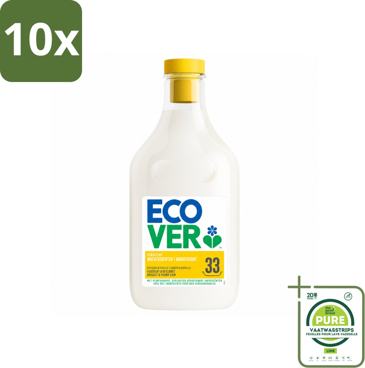 10 x Ecover - Wasverzachter - Gardenia - 1 liter - 33 wasbeurten - Grootverpakking - Vaatwasstrips - Wasverzachter - Wasverzachter Gardenia En Vanille - Wasverzachter Voor Kleding - Wasverzachter Voor Gevoelige Huid - Wasverzachter Biologisch