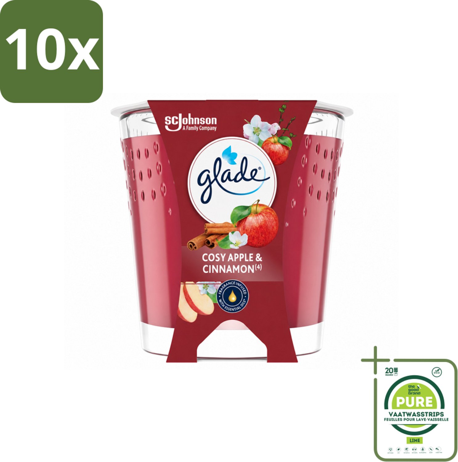 10 x Glade - Geurkaars Cosy Appel Kaneel - 100% Raapzaadwas & Vegan - 112 g - Grootverpakking - Vaatwasstrips - Geurkaars - Vegan - Warme Geur - Appel - Kaneel