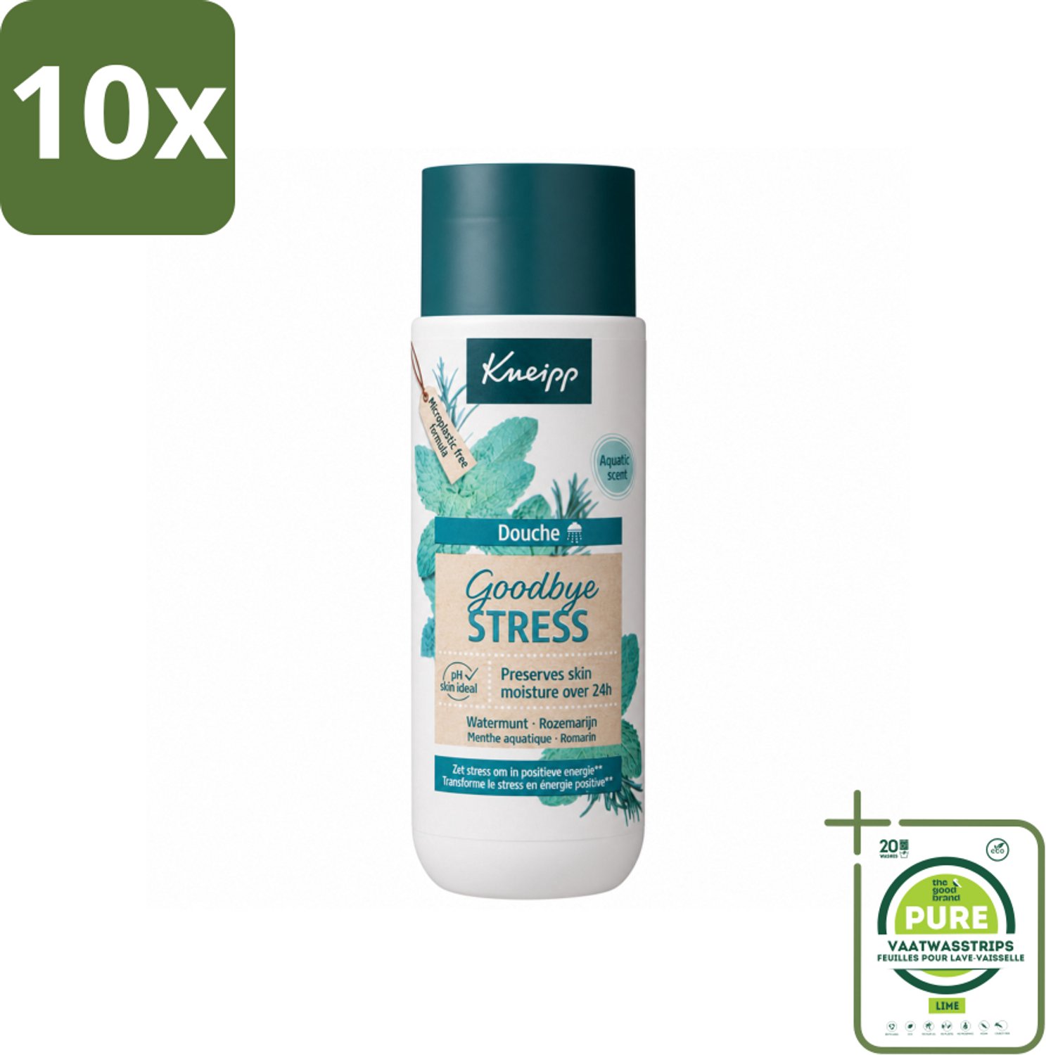 10 x Kneipp - Douchegel - Goodbye Stress - 200 ml - Grootverpakking - Vaatwasstrips - Stressverlichting - Energie - Watermunt - Rozemarijn - Douchegel