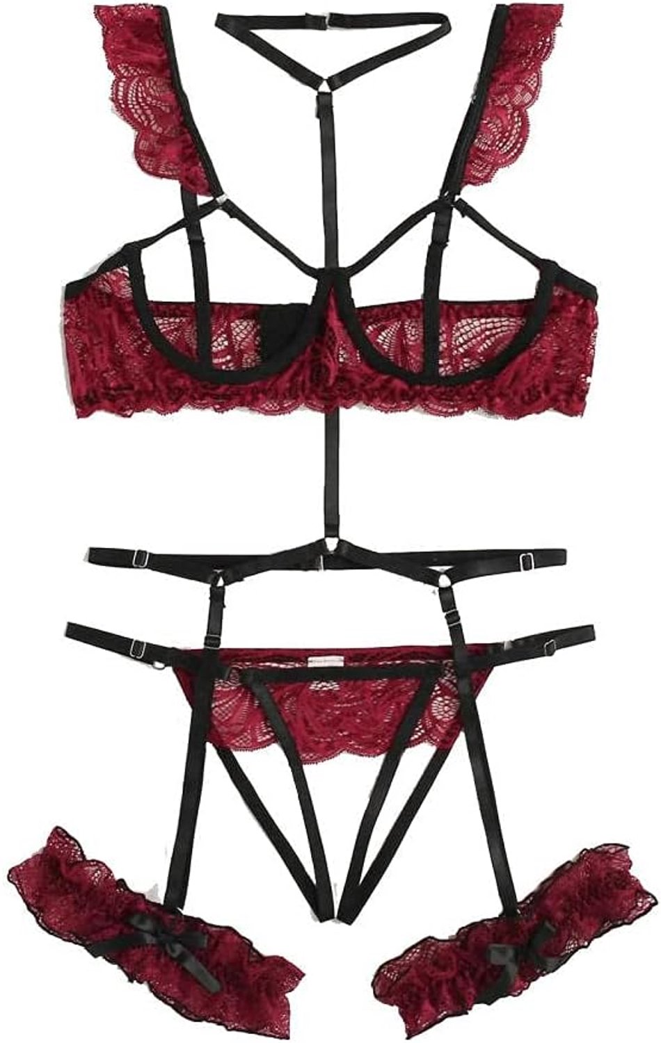 Babydolls, nachtjaponnen & negligés dames Vrouw transparant kant sexy lingerie bh string uitgehold ondergoed set-red_M