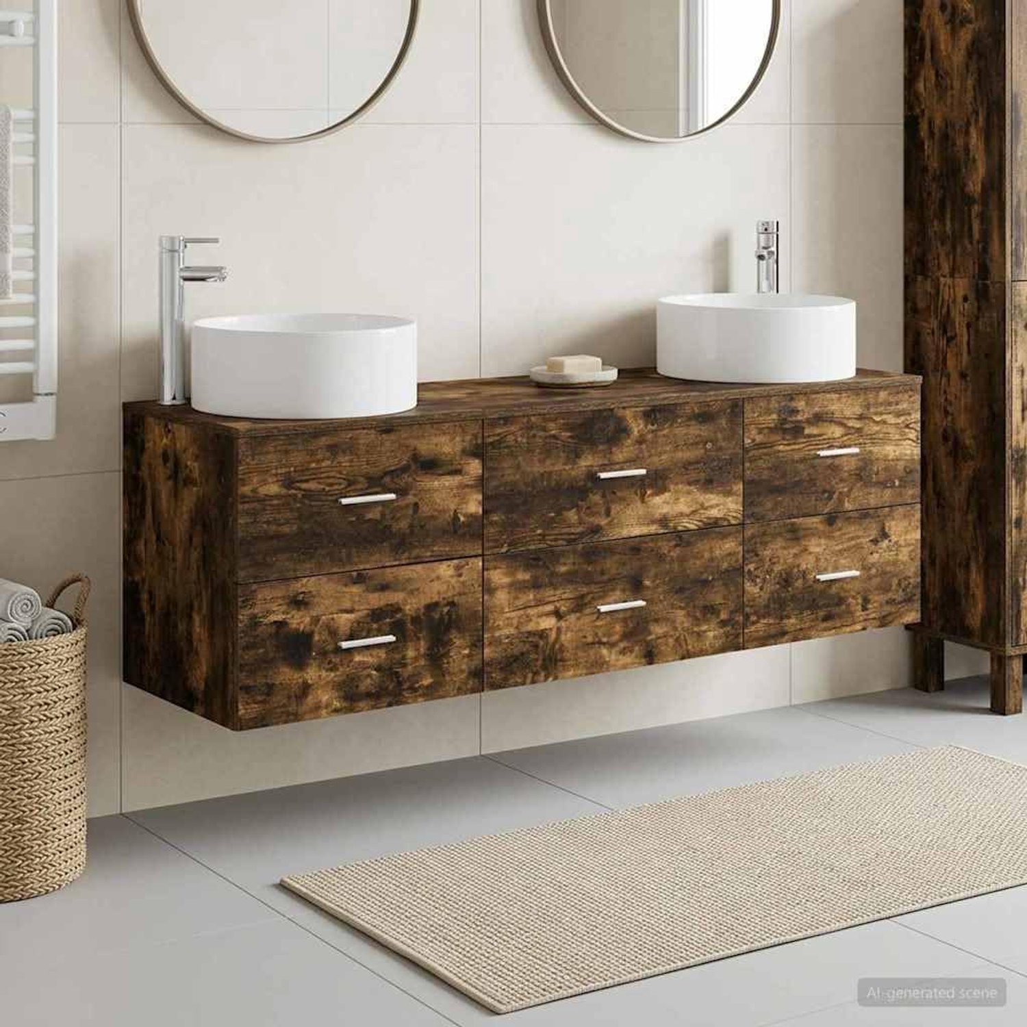 Badkamermeubelset 3 stuks gerookt eiken wandmontage met lade