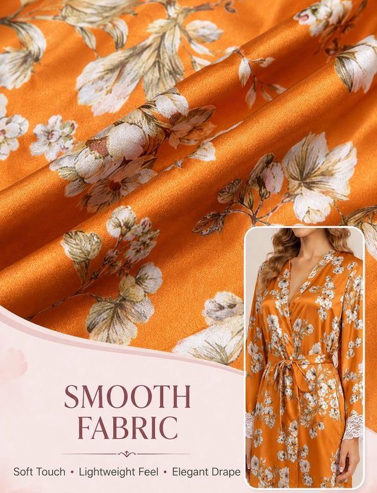 Badjas voor dames, satijn, bloemenpatroon, kant, 3/4 mouwen, V-hals — afbeelding 4