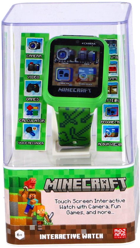 Groene Minecraft smartwatch met touchscreen en camerabediening in doorzichtige verpakking.