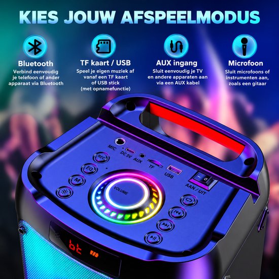 ShaSha Partybox Bluetooth Speaker met 2 Draadloze Microfoons - Karaoke Set voor Volwassenen - Muziek Box met LED Verlichting - Zwart — afbeelding 3