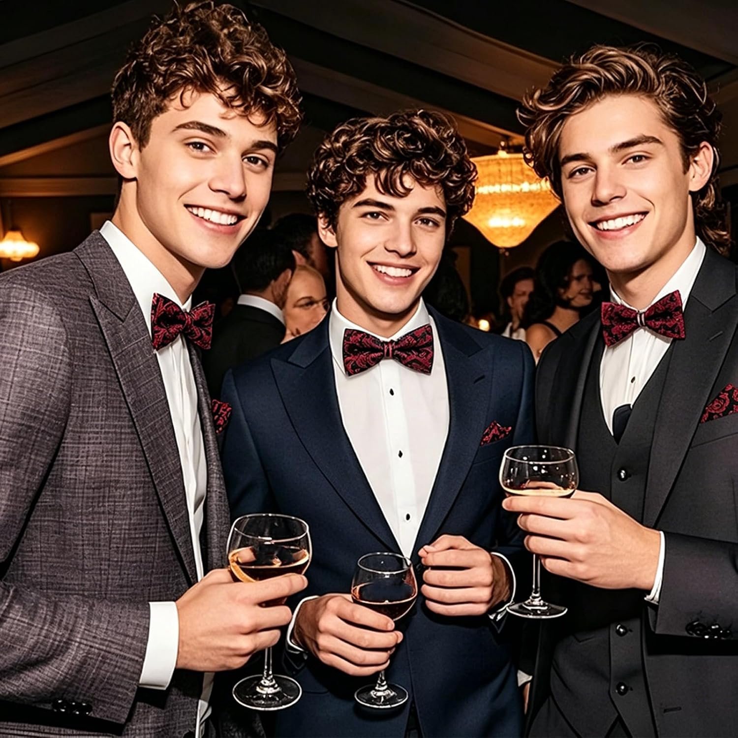Set met vlinderdas en zakdoeken voor heren, paisley-patroon, elegant, bordeaux, voorgebonden, verstelbaar, met halsdoek, voor bruiloften, formele feesten
