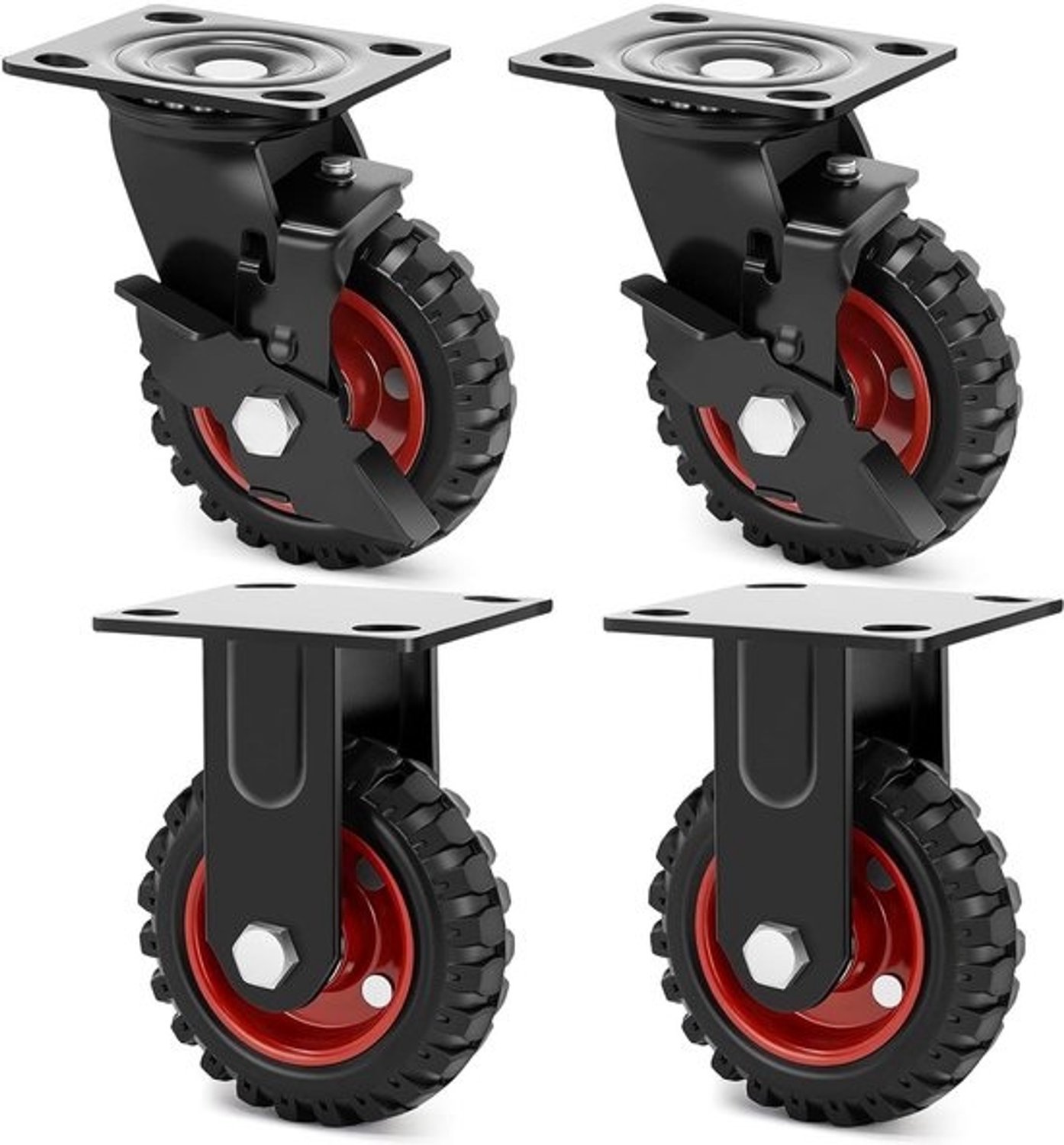 Zwenkwielenset - Wielen voor steekwagen - Zwaar transport - Draagvermogen 500 kg - Massief rubber, 125 mm - Zwart