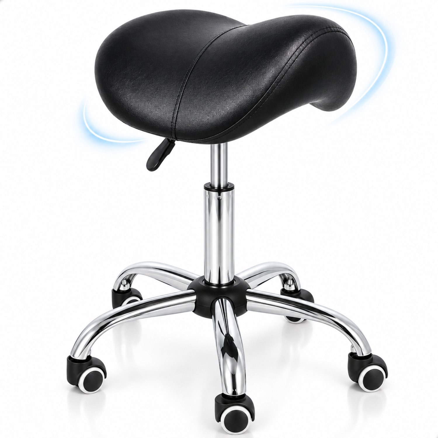 Boncy® Luxe Zadelkruk - Ergonomische Kruk Op Wielen - Kapperskruk Ergonomisch - Tabouret Draaikruk - Leren Zadelstoel - In Hoogte Verstelbaar - Tot 150kg Belastbaar - 50-70cm - Zwart Chrome