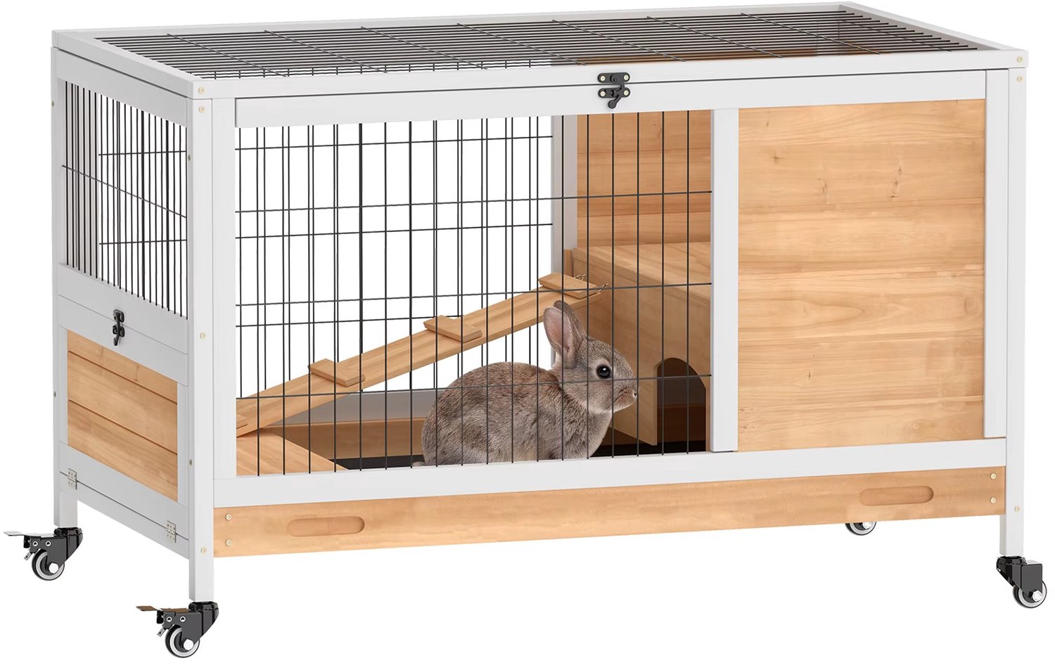 CreateEcom konijnenhok -cavia kooi - konijnenkooi - Houten Konijnenhok voor Kleine Huisdieren - Draagbaar voor Binnen - met Te Openen Dak - Helling en Verwijderbare Lade - 90X53X59 cm - Natuurlijk Hout
