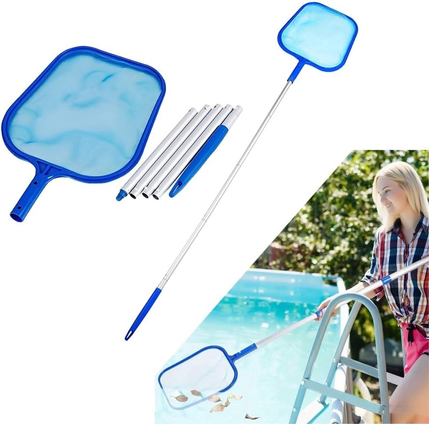 Zwembad Schepnet met 40 cm Netkop en 5-delige Aluminium Steel, Bladeren Vangen voor Zwembad, Spa, Hot Tub en Vijver, Ideaal voor Kleine Vuildeeltjes en Bladeren