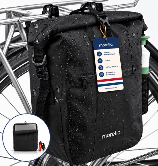 Sacoche vélo noire Morelia, étanche, fixée sur porte-bagages, avec étiquette d'information et détails réfléchissants.