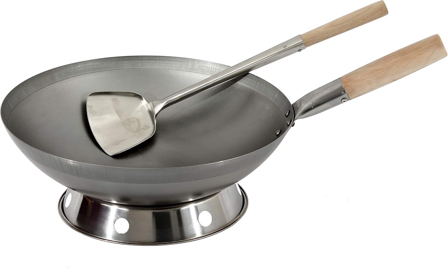 Set, pan 38 cm Ø ronde bodem koolstofstaal voor gasfornuis en inductie pan + wok spatel roestvrij staal 43 cm lang met houten handvat + wok ring