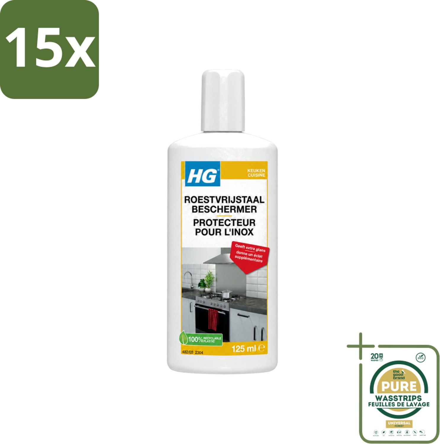 15 x HG - Roestvrijstaal Beschermer - Geeft Extra Glans - 125 ml - Wasstrips - Roestvrijstaal Reiniger - Roestvrijstaal Beschermer - Keuken Reiniger - Glans Geven Roestvrijstaal - Vlekken Verwijderen Roestvrijstaal