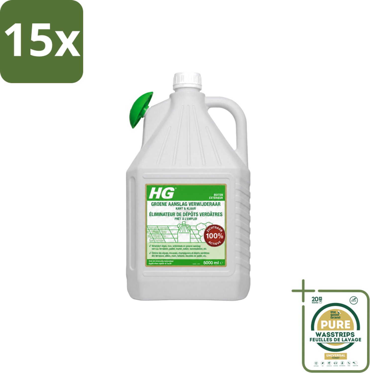 15 x HG - ECO Groene Aanslagreiniger - Kant-en-klaar met Sproeikop - 5 L - Wasstrips - Groene Aanslag - Terras Reinigen - Balkon Reinigen - Paden Reinigen - Buitenoppervlak Reinigen