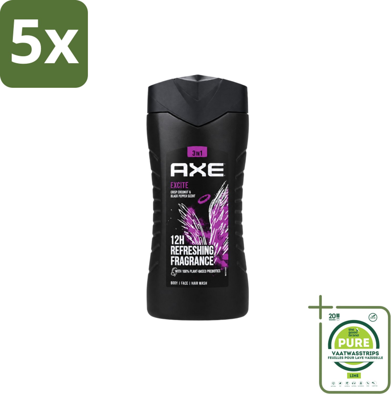 5 x AXE – Douchegel – Excite – 250 ml - Grootverpakking - Vaatwasstrips - Douchegel - Frisheid - Geur - Mannelijke Geur - Axe Excite
