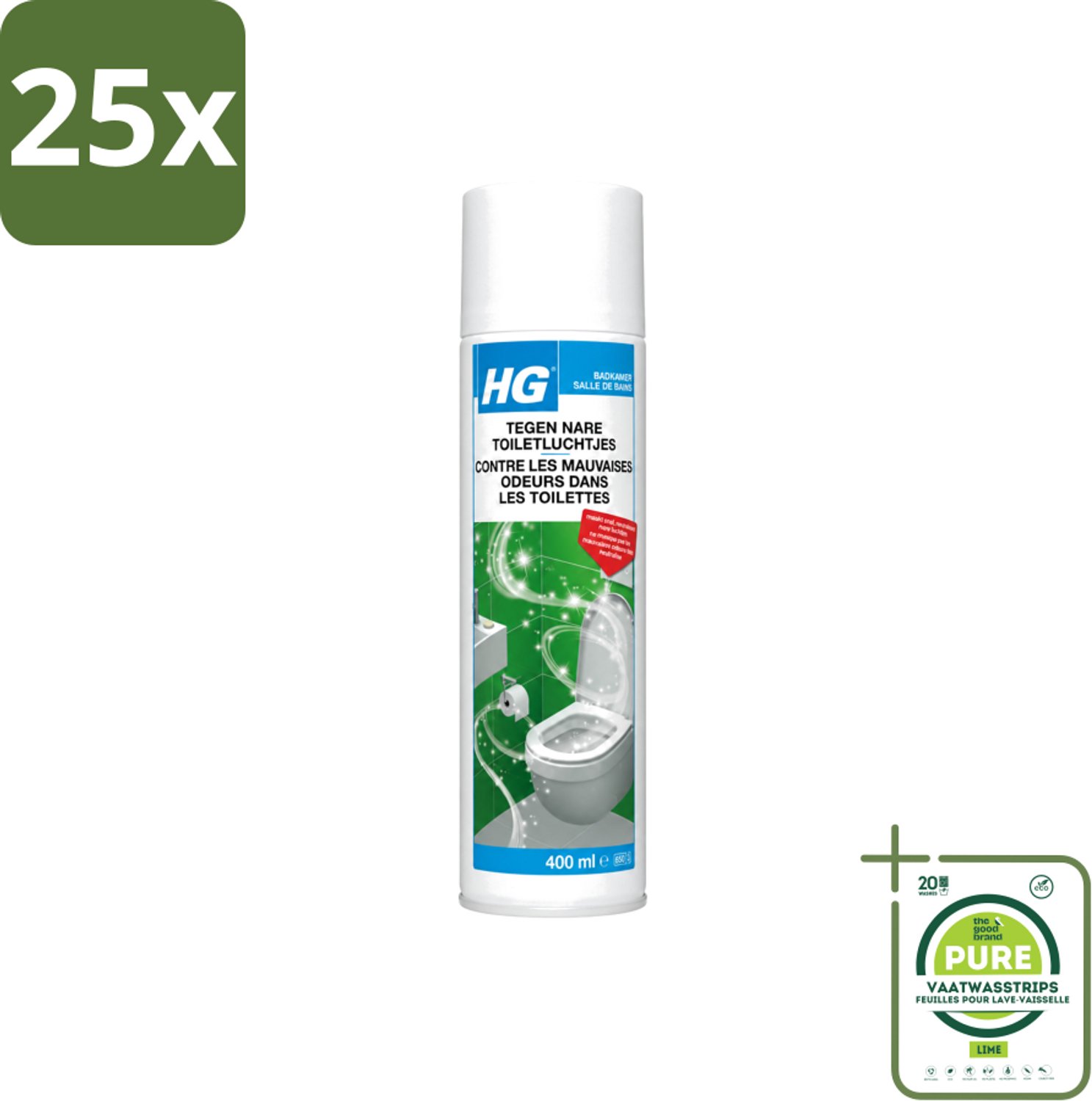 25 x HG - Tegen Nare Toiletluchtjes - Neutraliseert Alle Luchtjes - Natuurlijk Zuiveringsproces - 400 ml - Grootverpakking - Vaatwasstrips - Toiletlucht Neutraliseren - Nare Geur Weg - Lucht Reinigen - Geur Neutraliseren - Badkamer Geur