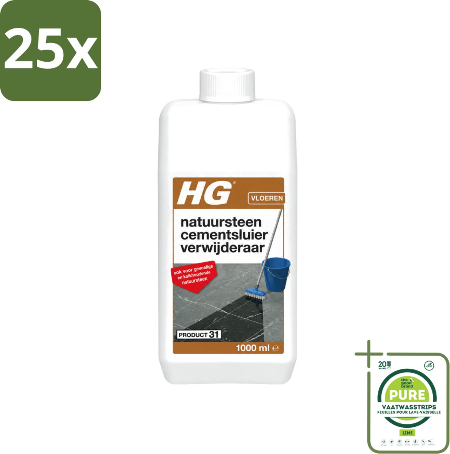 25 x HG - Natuursteen Cementsluierverwijderaar - Zuurvrij - Veilig in Gebruik - 1L - Grootverpakking - Vaatwasstrips - Natuursteen Cement Verwijderen - Cement En Kalksluier Verwijderen - Marmer Reinigen - Travertin Reinigen - Blauwe Steen Reinigen
