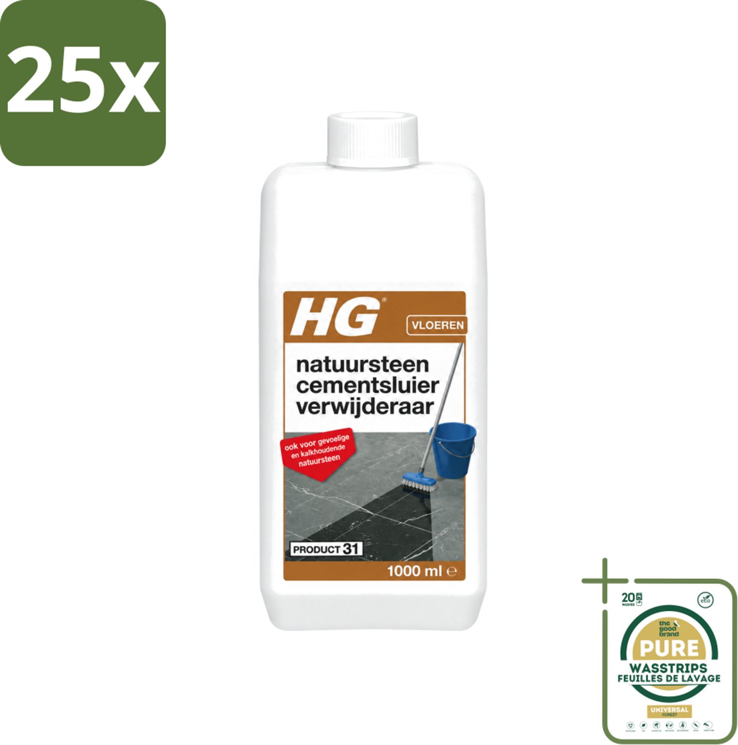 25 x HG - Natuursteen Cementsluierverwijderaar - Zuurvrij - Veilig in Gebruik - 1L - Wasstrips - Natuursteen Cement Verwijderen - Cement En Kalksluier Verwijderen - Natuursteen Reinigen - Marmer Reinigen - Travertin Reinigen