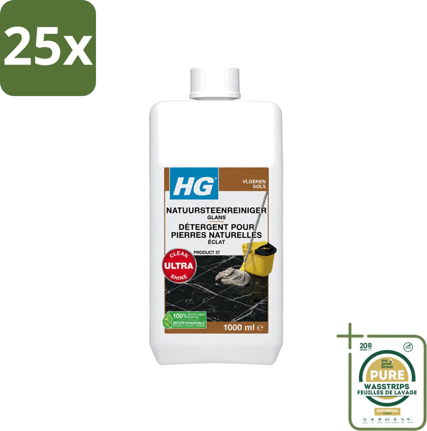 25 x HG - Natuursteenreiniger Glans - Ultra Glans - 20 Dweilbeurten - 1L - Wasstrips - Natuursteen Reinigen - Marmer Reinigen - Natuursteen Glans - Natuursteen Reiniger - Natuursteen Schoonmaken