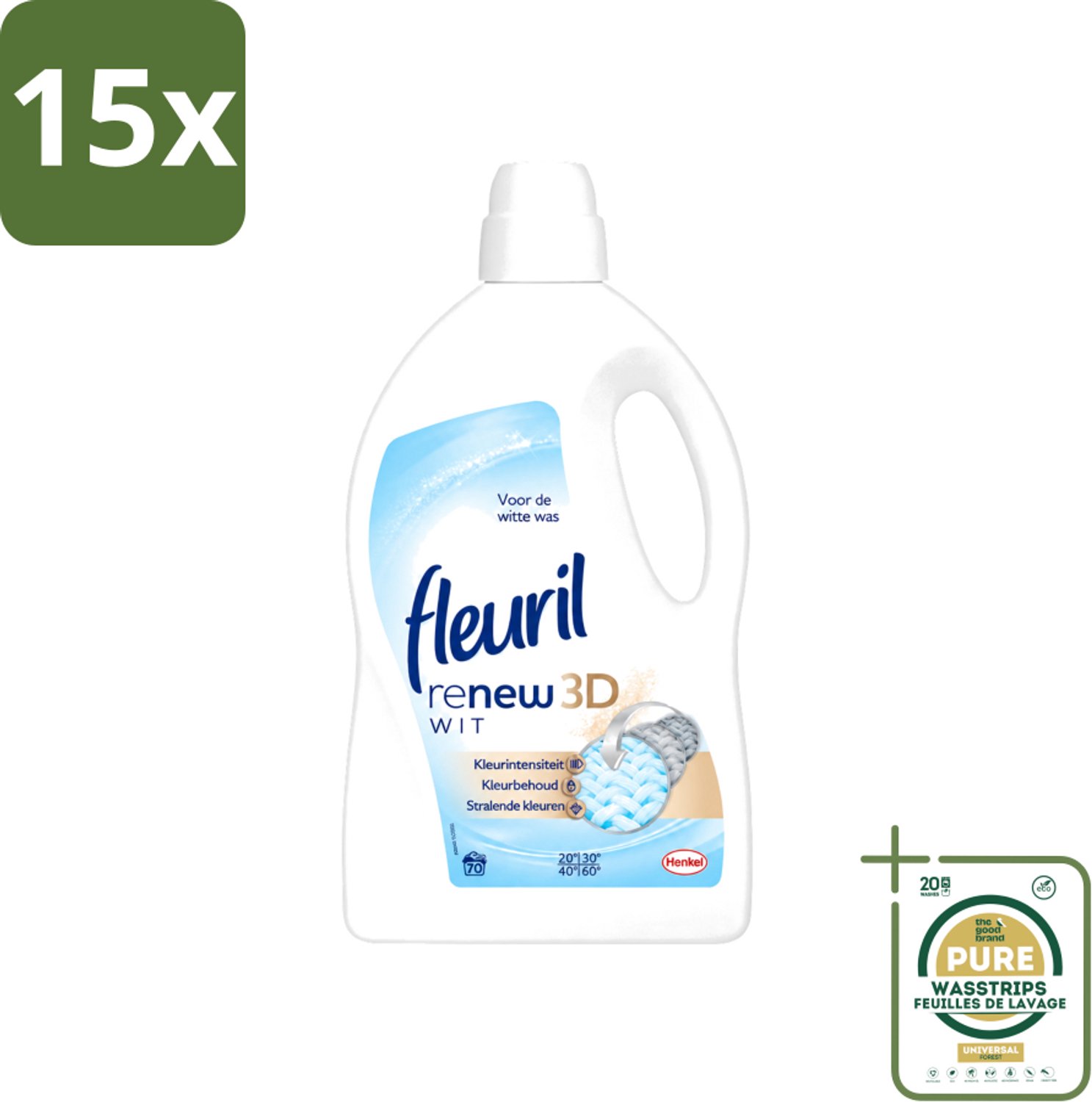 15 x Fleuril - Renew 3D - Vloeibaar Wasmiddel - Witte Was - 70 Wasbeurten - Wasstrips - Wasmiddel Witte Was - Witte Was - Wasbeurt - Wasmiddel 3D - Kleurbehoud