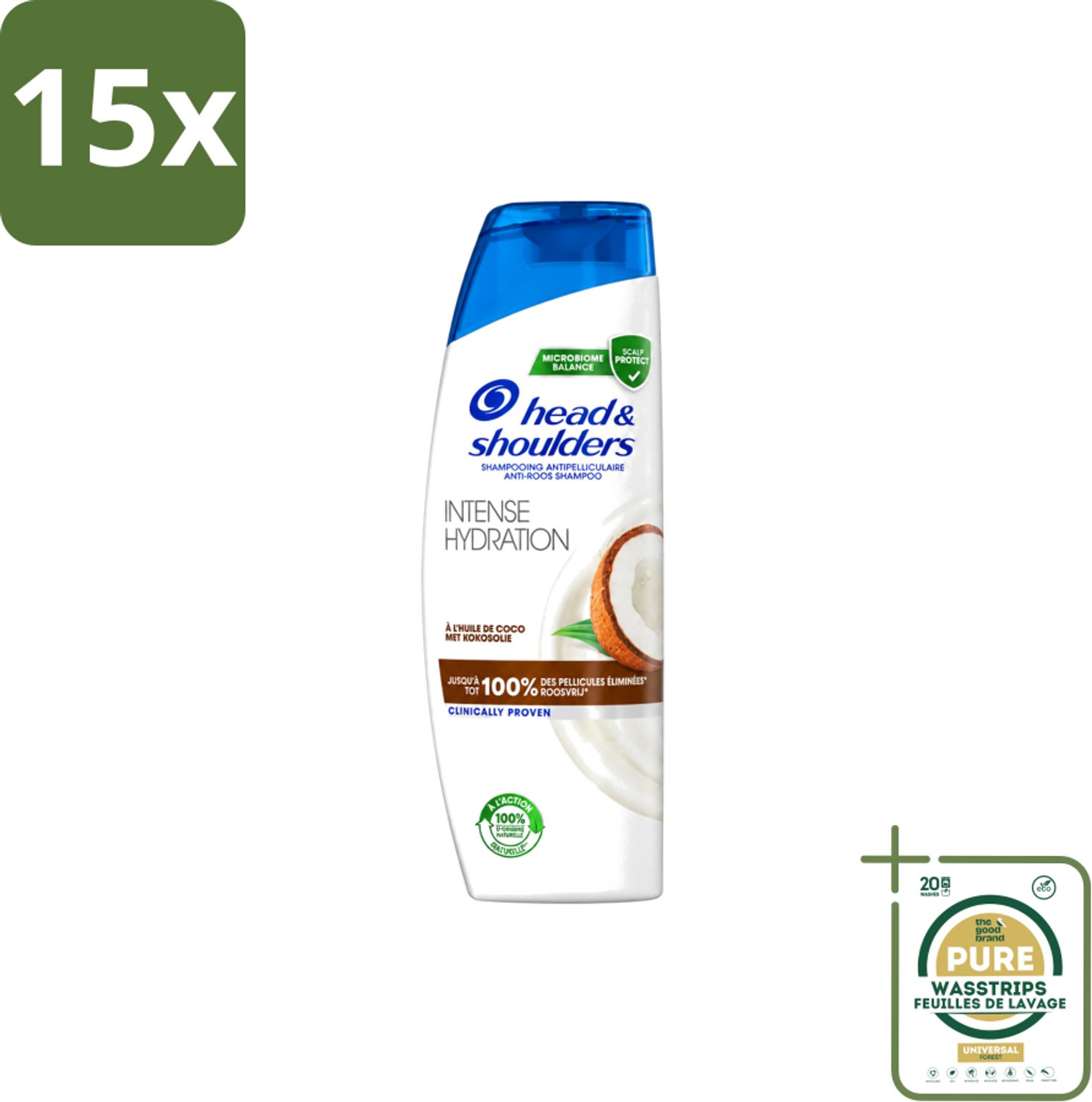 15 x Head & Shoulders - Anti-Roos Shampoo - Intense Hydration - Met Kokosolie - 285 ml - Wasstrips - Anti-roos Shampoo - Roosvrij Haar - Gezonde Hoofdhuid - Kokosolie Shampoo - Hydraterend Shampoo