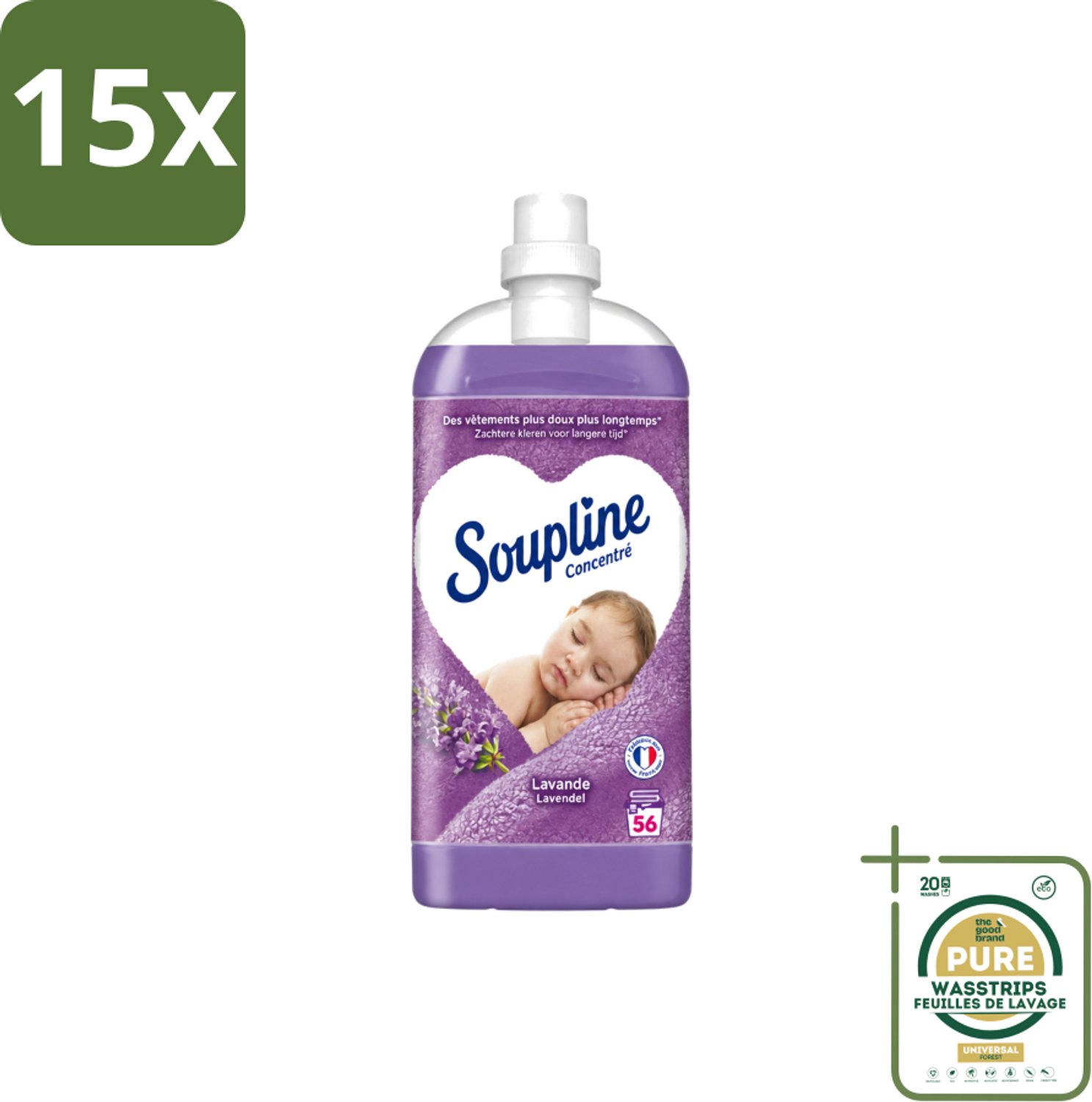 15 x Soupline - Wasverzachter - Lavendel - 56 Wasbeurten - 1.3L - Wasstrips - Wasverzachter - Wasgoed Verzachten - Lavendel Geur - Wasgoed Verzorgen - Wasverzachter Lavendel