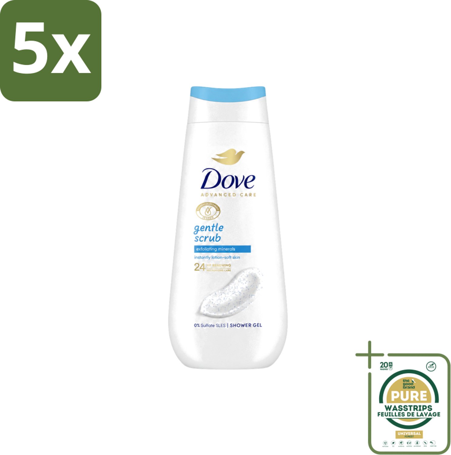 5 x Dove – Douchegel – Advanced Care Gentle Scrub – 225 ml - Wasstrips - Douchegel - Exfoliatie - Huidverzorging - Zachte Douchegel - Schuim