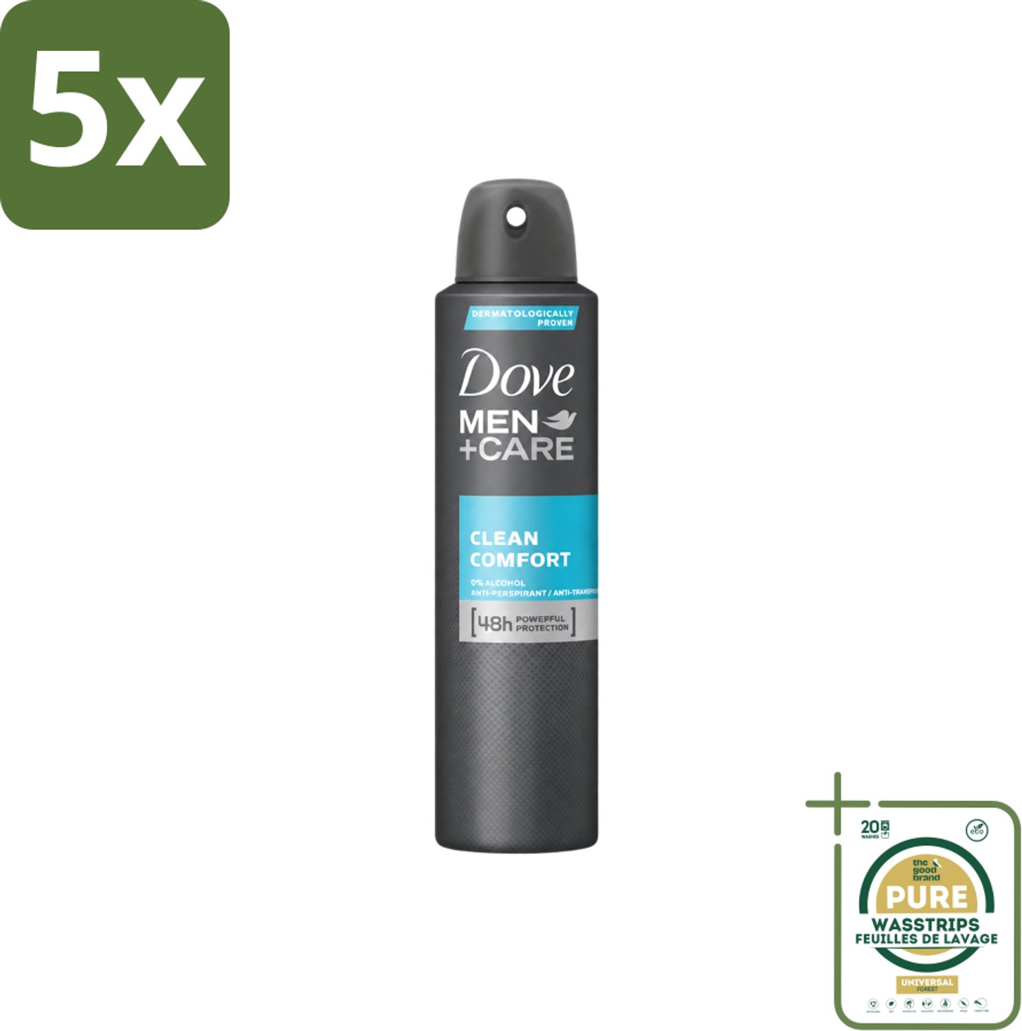 5 x Dove Men+Care – Deodorant Spray – Clean Comfort – 200 ml - Wasstrips - Anti-transpirant Spray - Okselgeur - Frisse Geur - Schone Geur - Okselverzorging