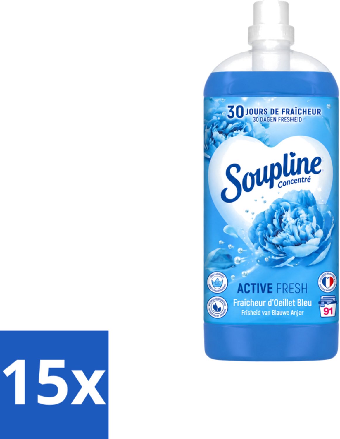 15 x Soupline – Wasverzachter – Active Fresh Frisheid van Blauwe Anjer – 2 L - Voordeelverpakking - 15 stuks