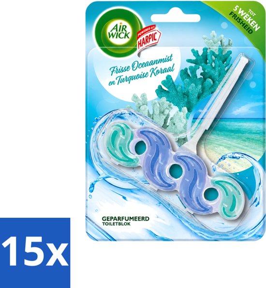 Air Wick toiletblok met Frisse Oceaanmist en Turquoise Koraal geur, 15 stuks in verpakking, 5 weken frisheid.