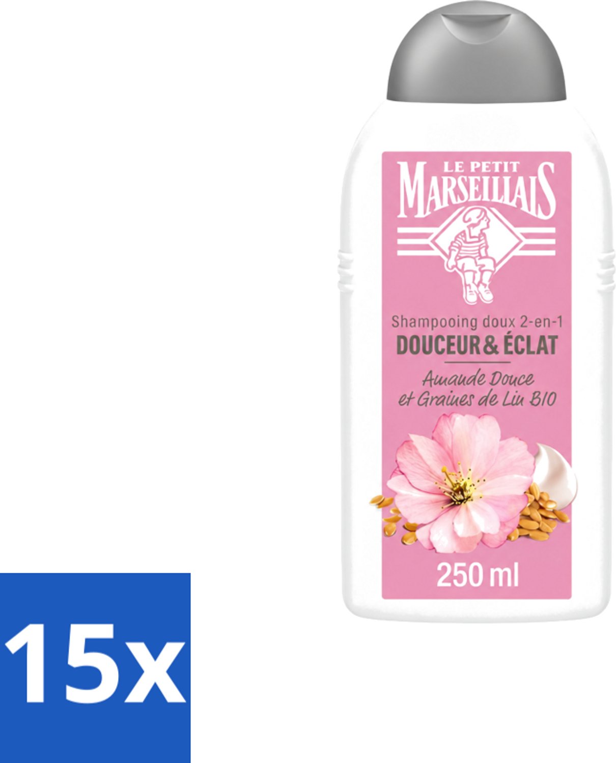 15 x Le Petit Marseillais – Shampoo – Amande Douce & Graines de Lin Bio – 250 ml - Voordeelverpakking - 15 stuks