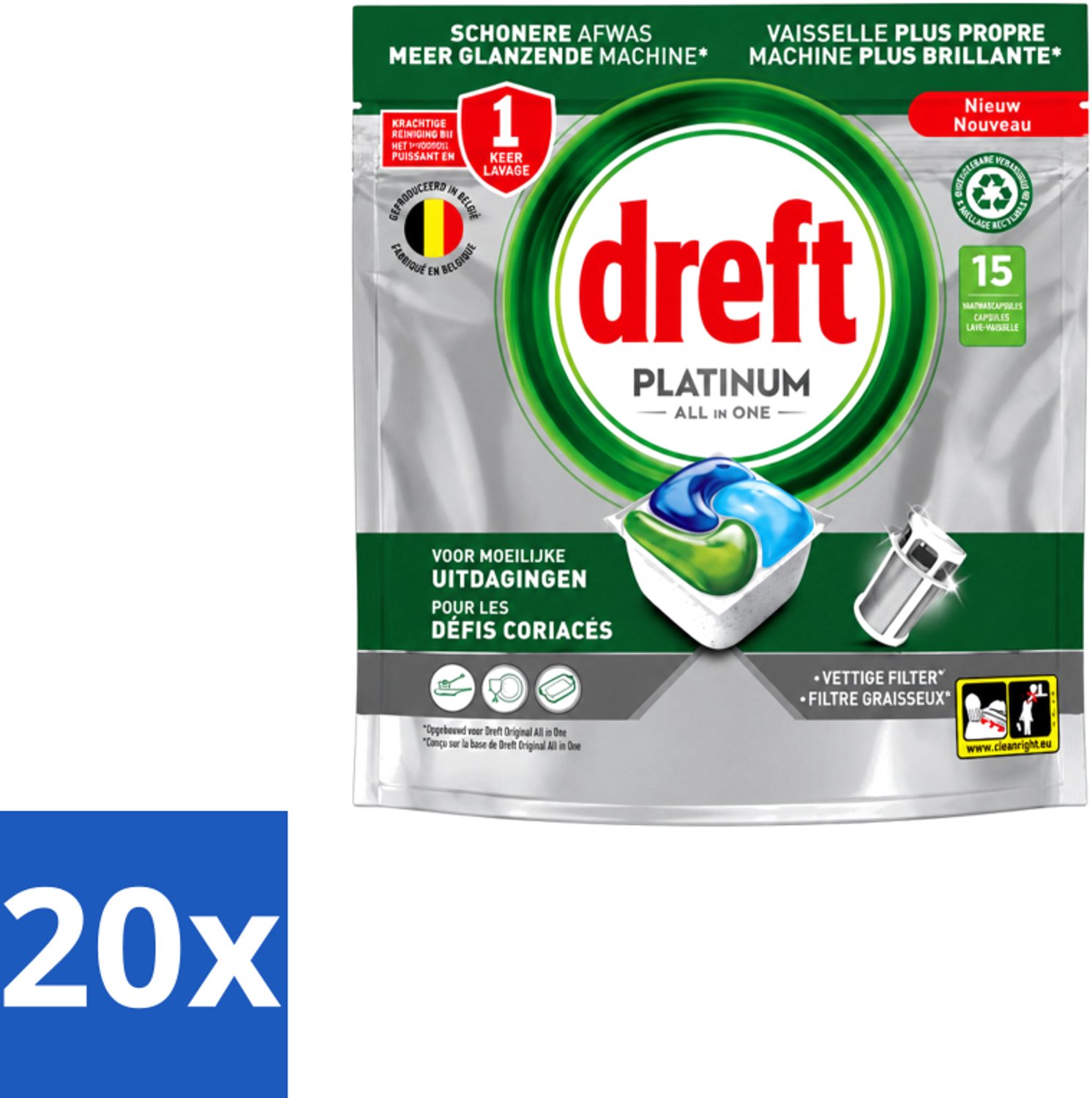 20 x Dreft – Vaatwascapsules – Platinum All-in-One – 15 Capsules - Voordeelverpakking - 20 stuks