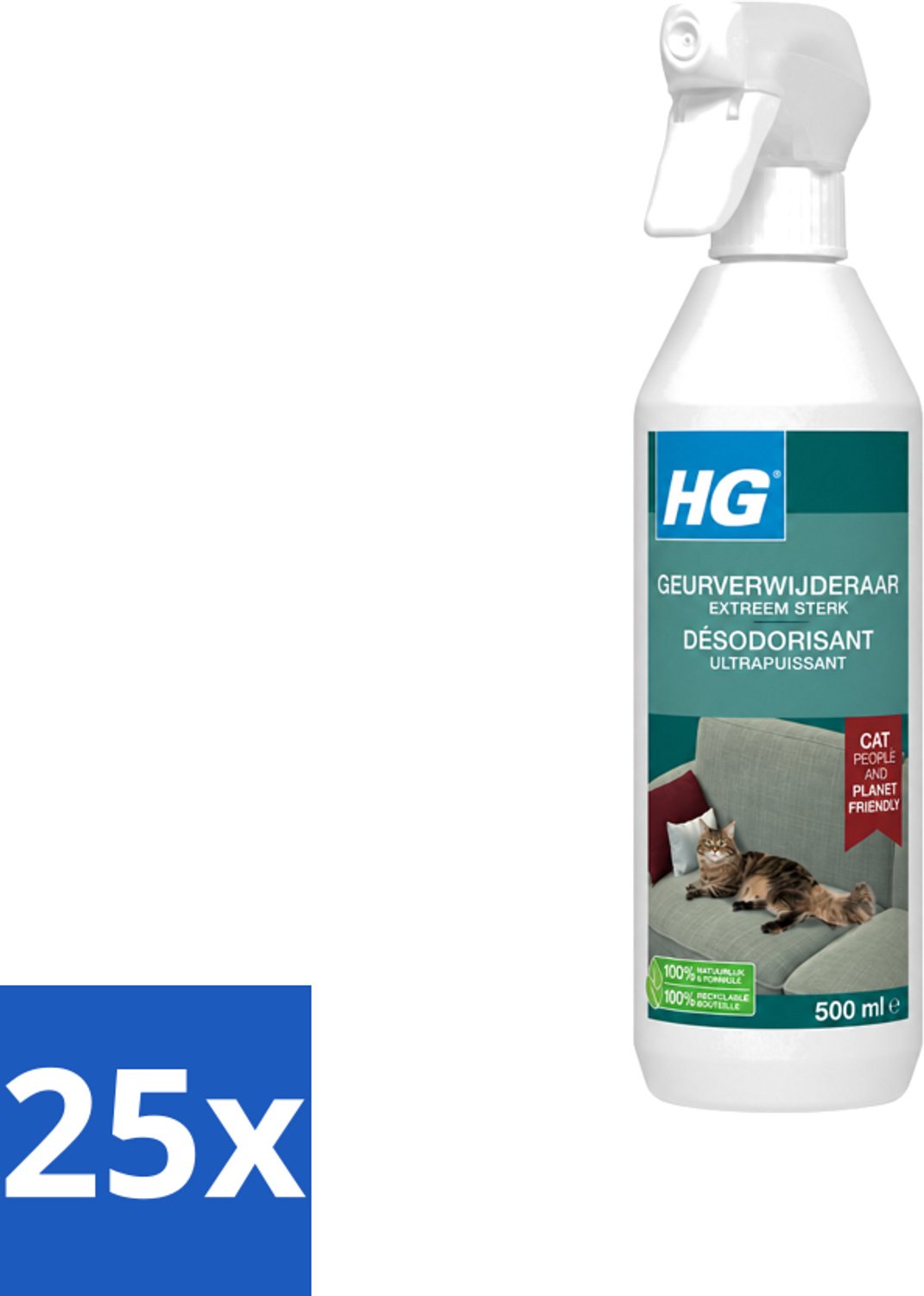 25 x HG - Geurverwijderaar - Extreem Sterk - Tegen Kattengeuren - 100% Biologisch - 500 ml - Voordeelverpakking - 25 stuks