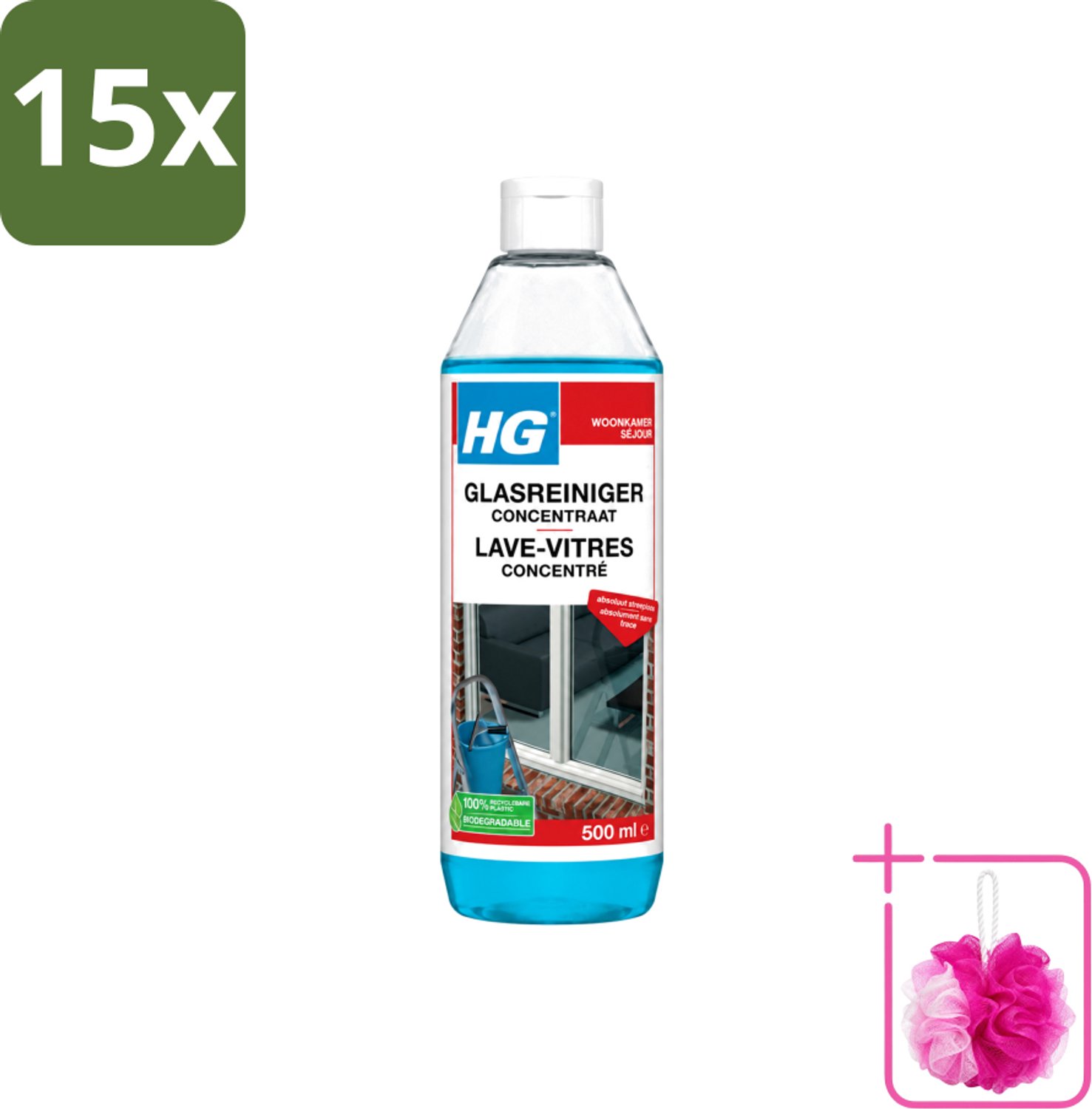15 x HG - Glasreiniger Concentraat - Streeploos Schoon - 12 Schoonmaakbeurten - 500 ml - Bulkverpakking - Glas reinigen - Douchemop - Streeploos reinigen