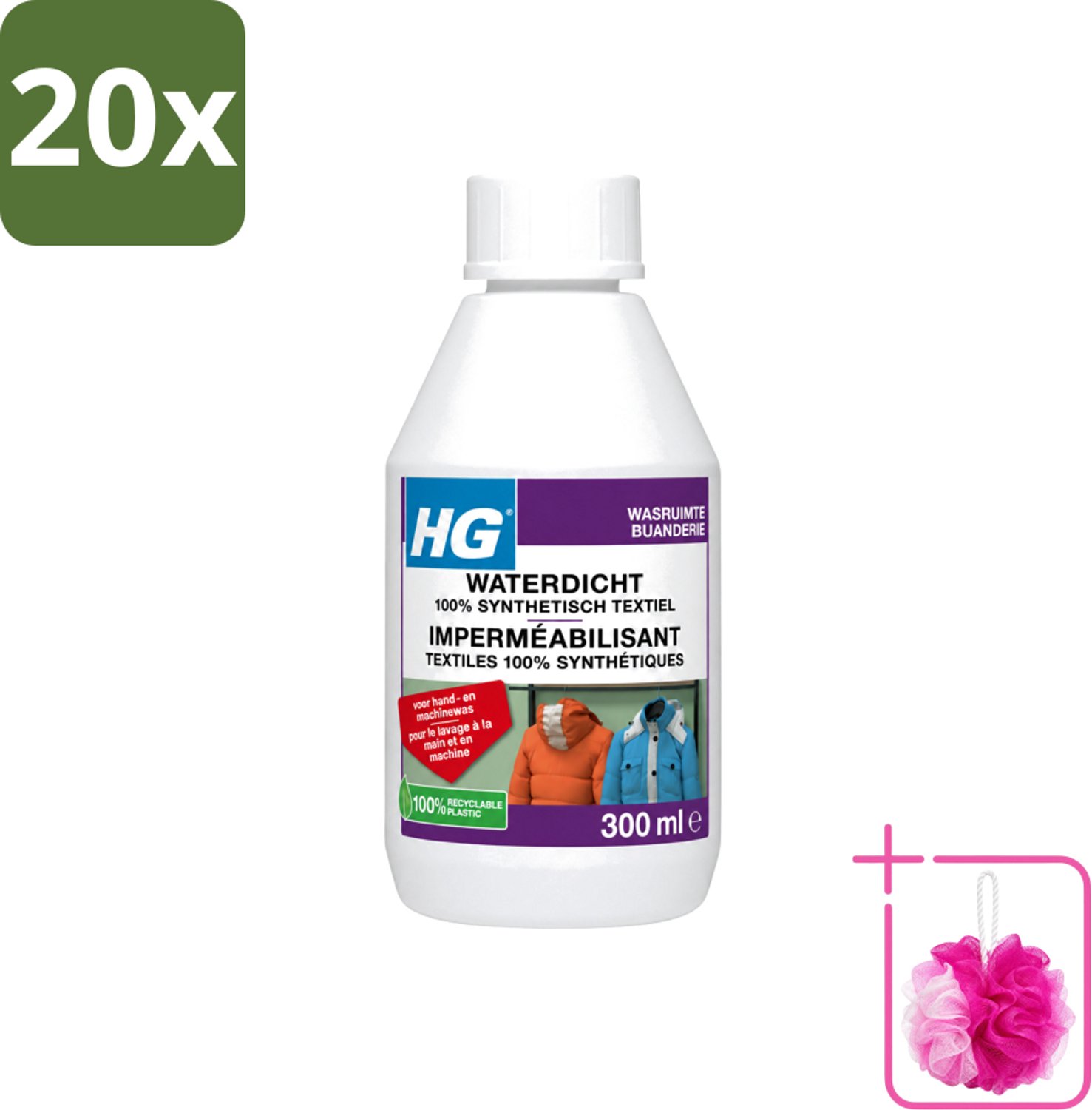 20 x HG - Wasruimte - Waterdicht 100% Synthetisch Textiel - Voor Hand & Machine Was - 300 ml - Bulkverpakking - Waterdicht textiel - Douchemop - Vuilafstotend textiel