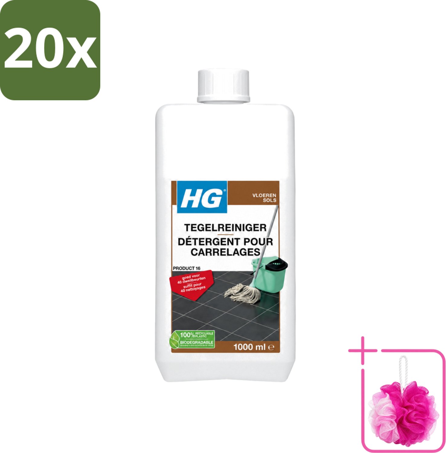 20 x HG - Vloeren - Tegelreiniger - 40 Dweilbeurten - 1L - Bulkverpakking - Tegelreiniger - Douchemop - Vloerreiniger