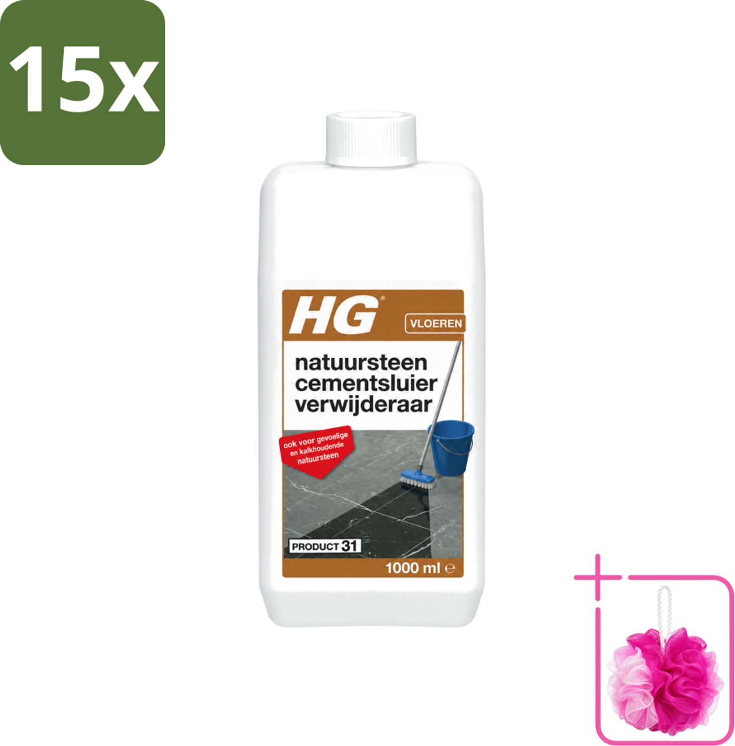 15 x HG - Natuursteen Cementsluierverwijderaar - Zuurvrij - Veilig in Gebruik - 1L - Bulkverpakking - Natuursteen cement verwijderen - Douchemop - Cement en kalksluier verwijderen
