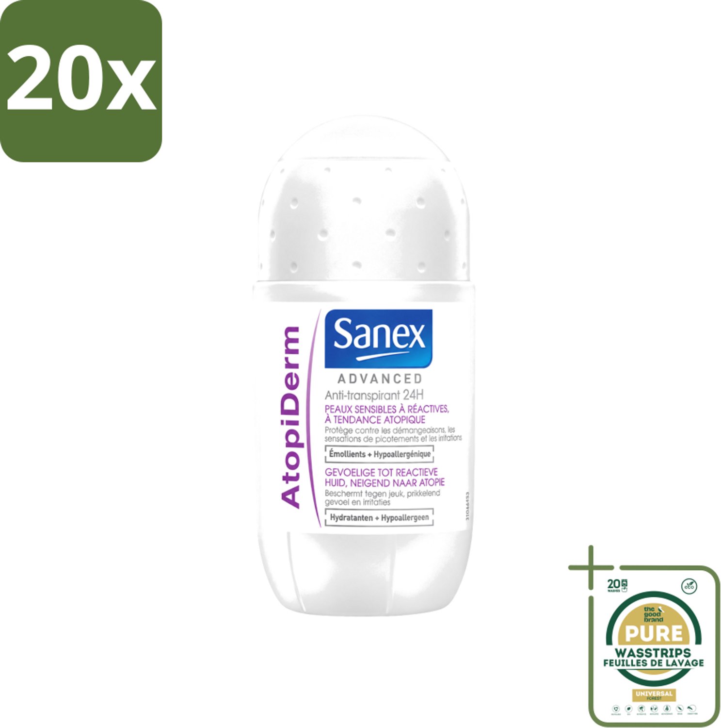 20 x Sanex Advanced - Gevoelig - Deodorant Roller - 24h Anti-Transpirant - Geavanceerd Atopiderm - 50 ml - Wasstrips - Gevoelige Huid - Gevoelig Deodorant - 24h Bescherming - Atopiderm - Huidbarrière