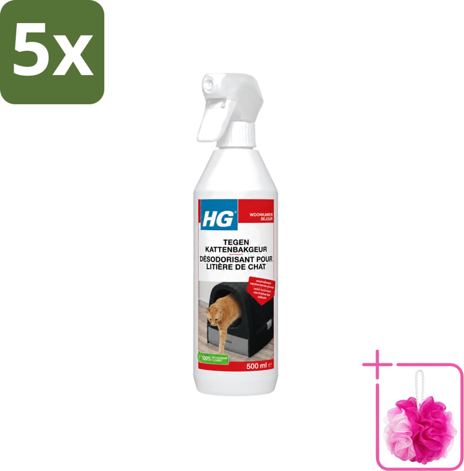 5 x HG - Tegen Kattenbakgeur - Neutraliseert Geuren - 500 ml - Bulkverpakking - Kattenbakgeur neutraliseren - Douchemop - Kattenbak stank weg