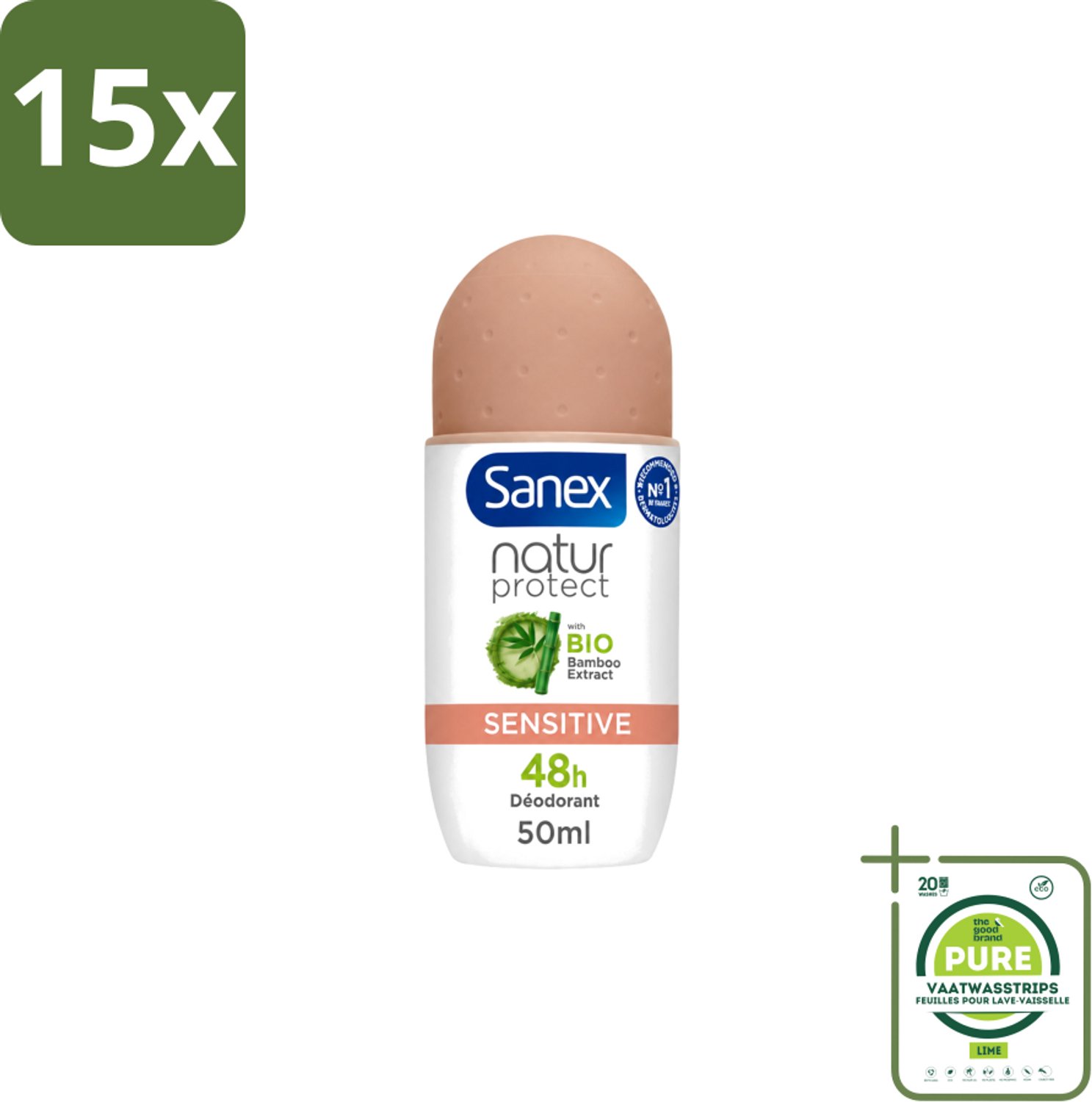 15 x Sanex – Deodorant Roll-On – Natur Protect Sensitive – 50 ml - Grootverpakking - Vaatwasstrips - Gevoelige Huid - Deodorant Roll-on - Natuurlijke Bescherming - Milde Deodorant - Frisheid