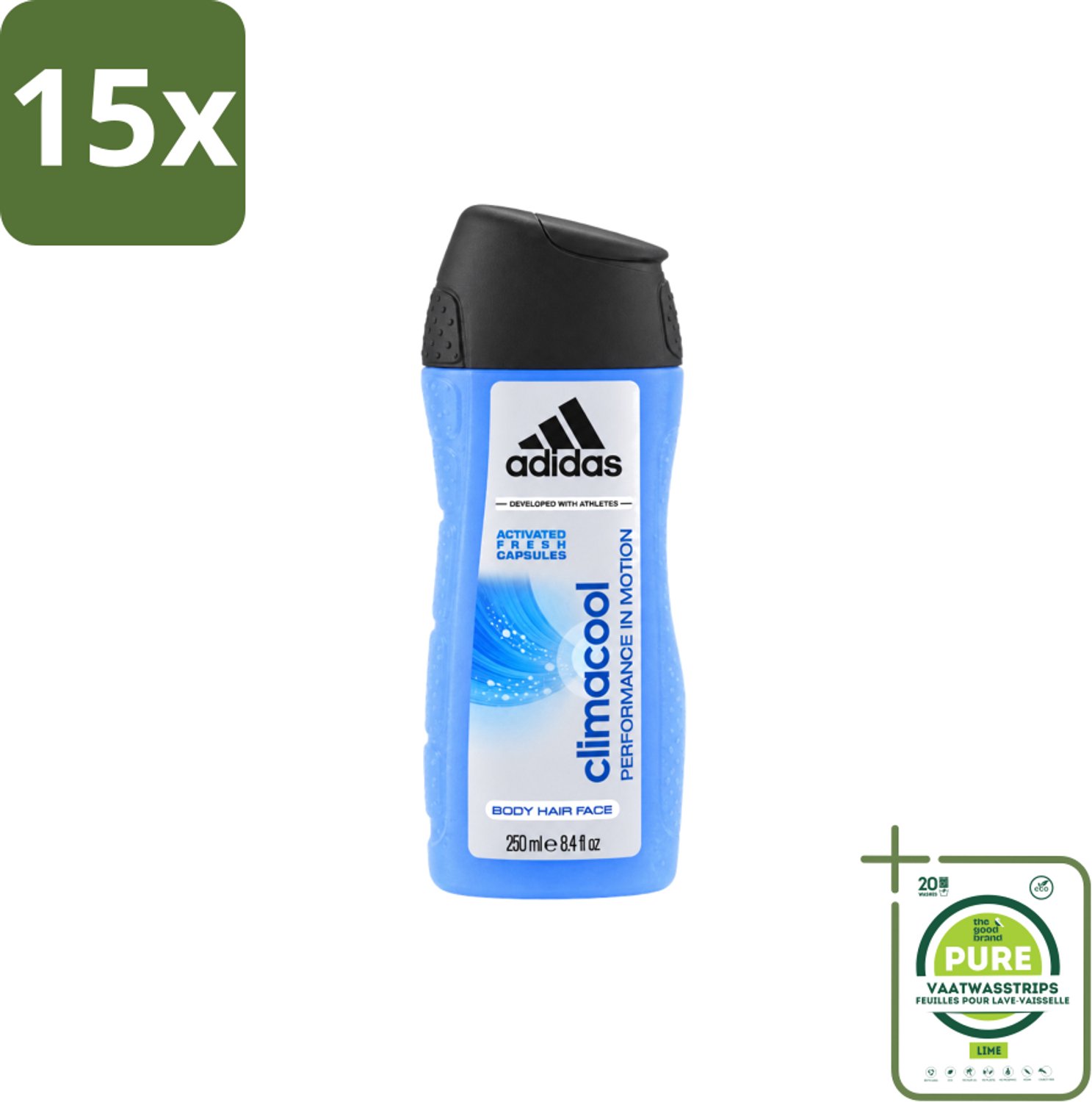 15 x Adidas – Douchegel – Climacool Men – 250 ml - Grootverpakking - Vaatwasstrips - Douchegel - Frisheid - Sportgeur - Actieve Frisheid - Bewegingssensor